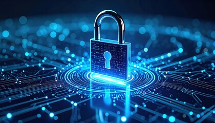 A glowing digital padlock symbolizes cybersecurity and protection of data in a futuristic, high-tech environment.