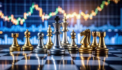 Silver and gold chess pieces on a board with a financial stock market graph in the background, symbolizing strategy and finance.