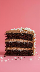 Delicious Slice of Chocolate Cake with Coconut Flakes and Caramel Frosting on Pink Background Dessert Perfection