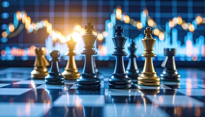 Chess pieces on a board with financial data and stock market charts in the background, symbolizing strategy and investment decisions.