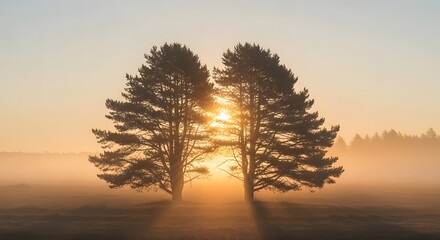 Twin Pines Embrace Sunrise: Golden Light Through Foggy Meadow Landscape