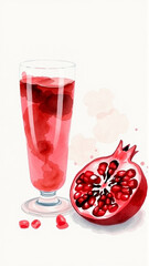 Watercolor drawing of pomegranate juice in a glass
