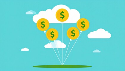 Illustration of dollar coins floating upwards like balloons into the sky, symbolizing financial growth and success.
