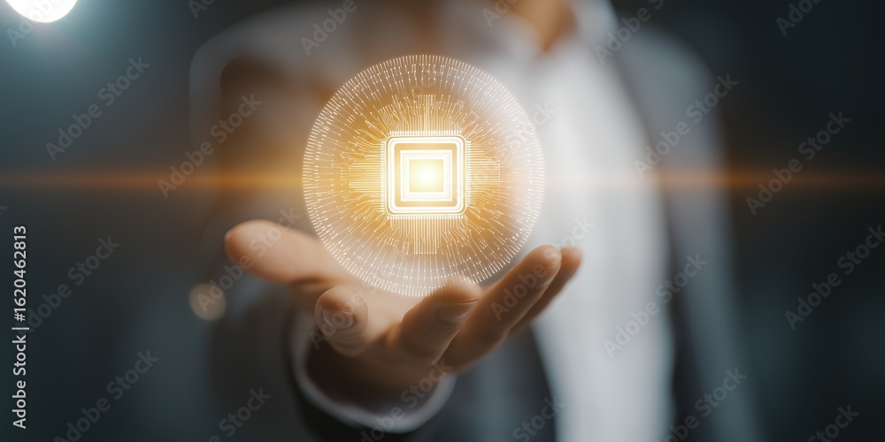 Poster golden ai chip presentation – faceless tech executive holding floating artificial intelligence proce