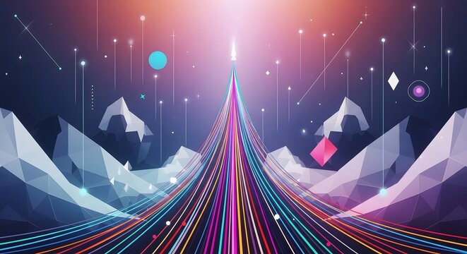 Abstract Rocket Launch: Polygonal Mountains, Vibrant Trails, Cosmic Ascent