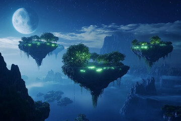 Floating islands glowing above clouds in a mystical sky with surreal trees and stars in an alien world, generative ai