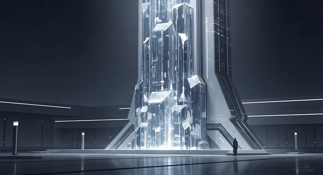 Futuristic Metropolis Spire, Nighttime Reflection