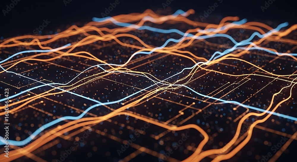 Aufkleber photo of abstract network of orange and blue lines with data points on a dark background