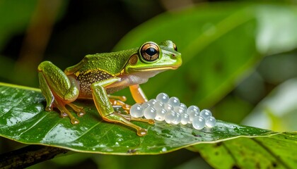 Obraz premium Glass frog protectively guards its eggs.