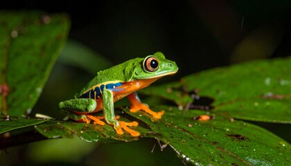 Naklejka premium Glass frog resting on green leaf closeup
