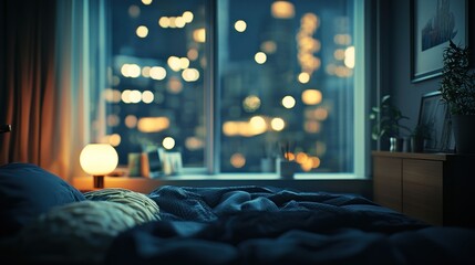 Night Cityscape View from Cozy Bedroom