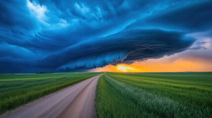 Fototapeta premium Dark stormy clouds with a vibrant sunset in the background, displaying nature dramatic contrast.