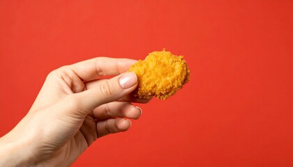 Hand Holding a Crispy Chicken Nugget