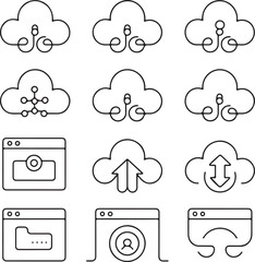 Obraz premium Cloud, computing, icon, set, data, storage, line, art, vector, black, white, isolated, illustration, design, technology, network