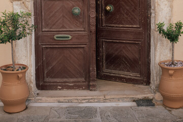 Traditional Mediterranean home entrance decor with olive trees in terracotta pots by an old wooden...