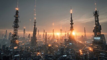 Panoramic view of holographic data in a futuristic metropolis