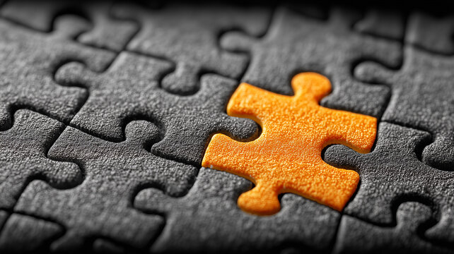 Lone orange jigsaw piece clicks perfectly into a field of black puzzle parts, completing the picture. Symbolises breakthrough solutions, unique contributions