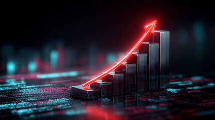 Glossy glass bar columns rise under a sweeping red arrow amid a futuristic data landscape of teal lights.
Communicates accelerating business growth, analytics insight