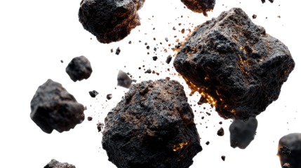  Realistic Zoomed-Out Image of Black Lava Rock Falling on Transparent Background