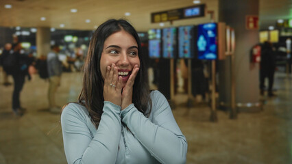 Young hispanic woman smiling places hands on cheeks in airport terminal; surprise arrival welcome...