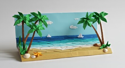 Obraz premium Paper paradise beach scene with origami palm trees sailboats and seashells textured paper with