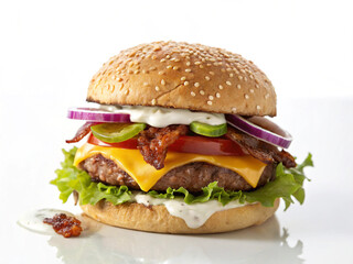 Delicious bacon cheeseburger with fresh toppings on a sesame seed bun