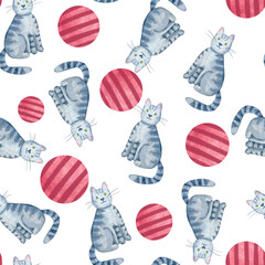 Playful gray tabby cats, textured red circles on white background. Seamless watercolor pattern isolated on white. Fun, hand-painted design ideal for apparel, accessories, wrapping paper, creative