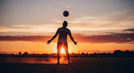 Dramatic Silhouette of Soccer Player Juggling Ball at Sunset on Field