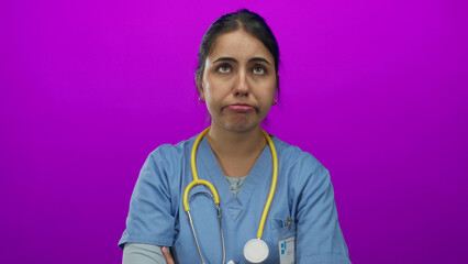 Young hispanic woman doctor with yellow stethoscope crossing arms against pink wall in studio;...