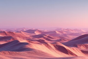 Naklejka premium Tranquil desert scenery showcasing gentle pink sand dunes bathed in golden sunset glow for serene ambiance and relaxation
