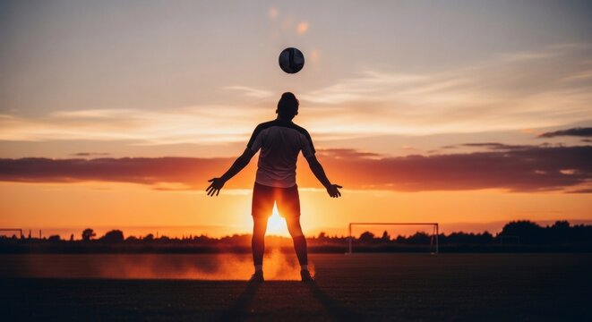 Dramatic Silhouette of Soccer Player Juggling Ball at Sunset on Field