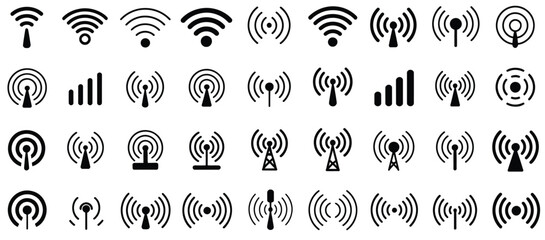 Wireless Signal Icon Set – WiFi, Antenna, Radio, and Wave Symbols for Communication, Network, and Tech Design
