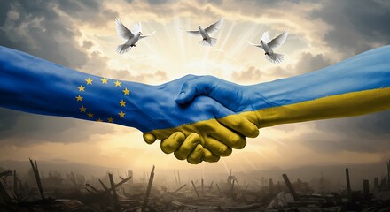 EU and Ukraine handshake symbolizing peace and support after conflict