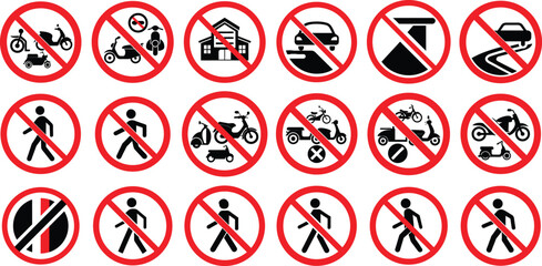 Collection of international prohibition signs for various activities and vehicles