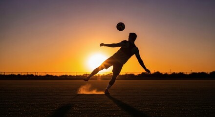 Silhouette Athletic Soccer Player Kicking Ball at Golden Sunset on Field