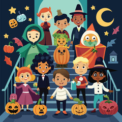 Diverse group of children in Halloween costumes on stairs with pumpkins trick or treat