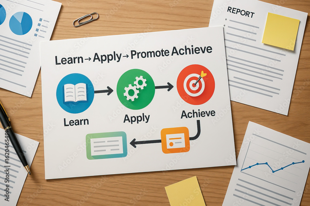 Poster business process workflow learning application achievement report chart graph pen paperclip sticky n