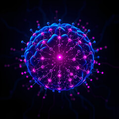Obraz premium Future Technology logo (for AI companies) A glowing neural network core with interconnected dots and fluid lines, dark blue and electric purple. 