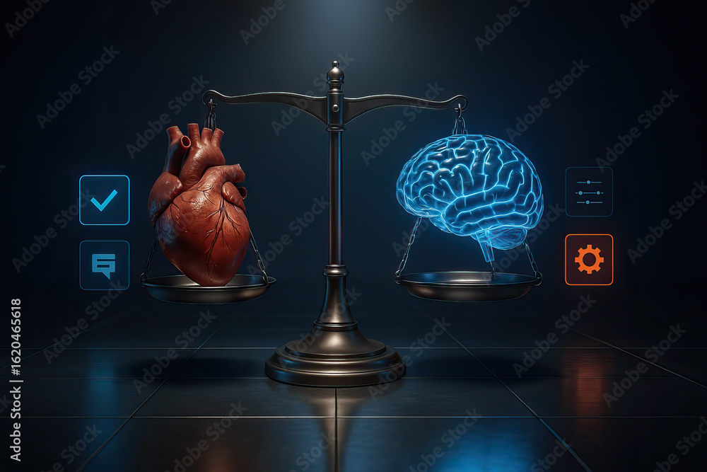 Poster leadership requires balance between heart and brain where ethics guide decisions and logic supports 