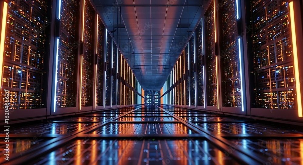 Poster photo of data center server room with network computing and digital information infrastructure