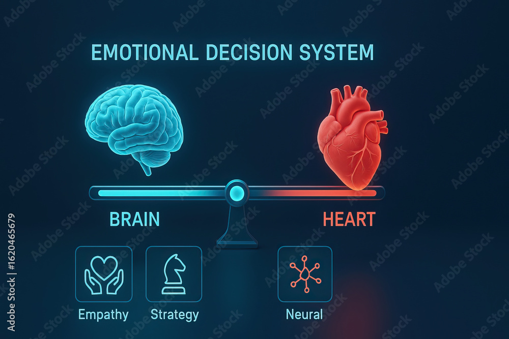 Poster emotional decision system balances leadership with ethics using logic between brain and heart symbol