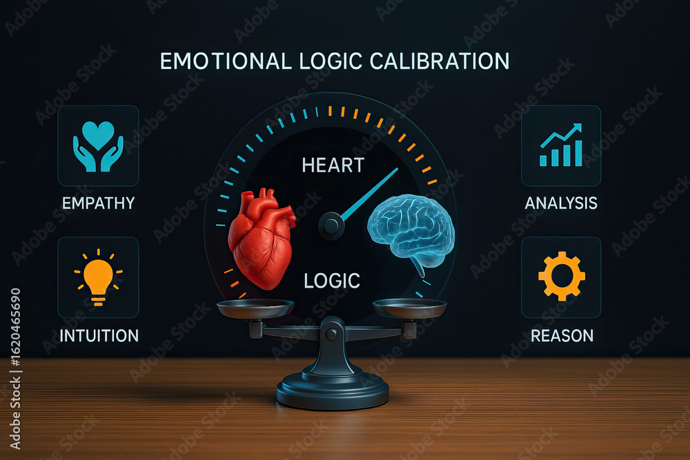 Poster emotional logic calibration balances heart and brain with leadership guided by ethics and logic for 