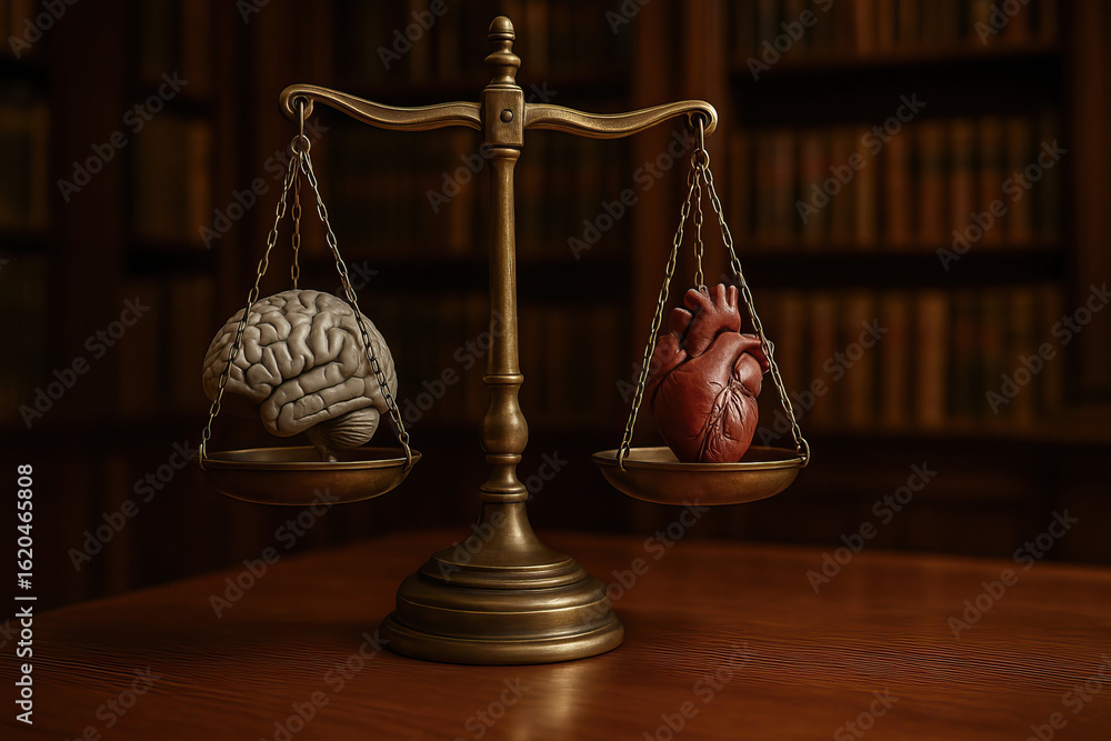 Poster leadership balance ethics logic concept with brain and heart on scale symbolizing decision making an