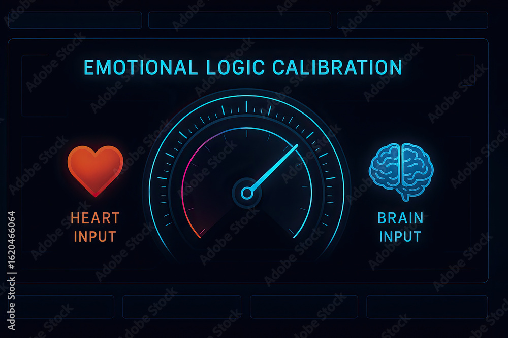 Poster emotional logic calibration concept showing balance between heart and brain input with leadership an