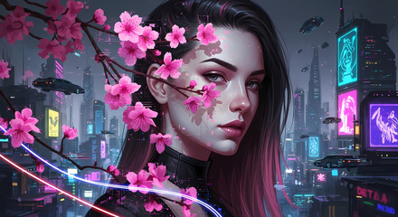 Digital Art Portrait of Woman with Pink Cherry Blossoms and Cityscape Background