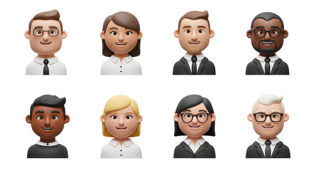 Fototapeta premium Diverse 3D Cartoon Business Avatars Smiling Men and Women in Formal Attire.