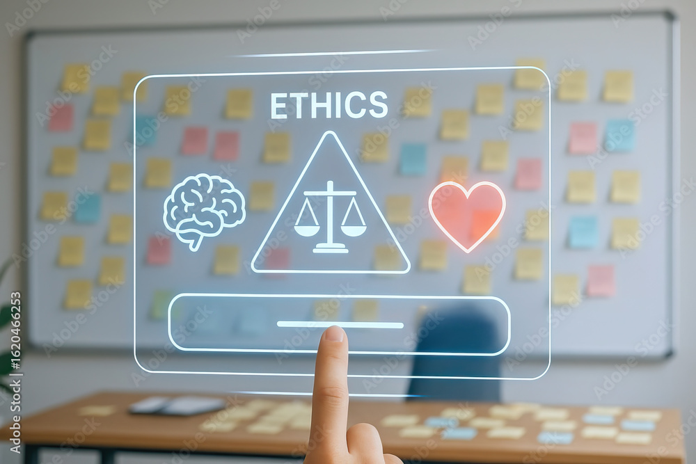 Poster ethics and leadership guide balance between logic and emotion in decision making, highlighting impor