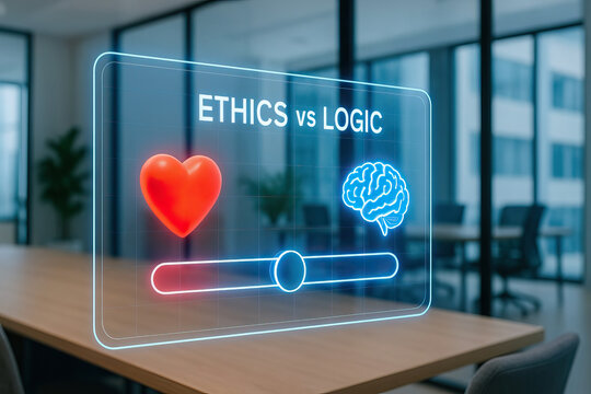 Ethics and logic balance leadership decisions in modern office setting where emotional intelligence and rational thinking guide ethical leadership for successful business outcomes