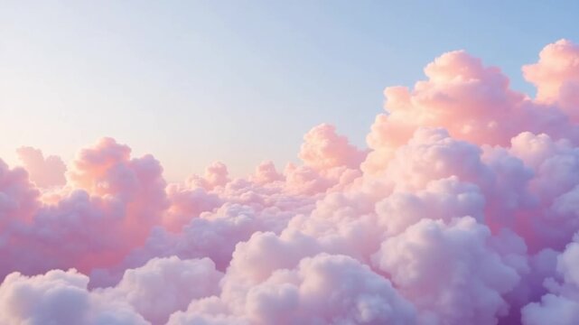 A view of fluffy pink and white clouds under a pastel blue sky during the daytime light