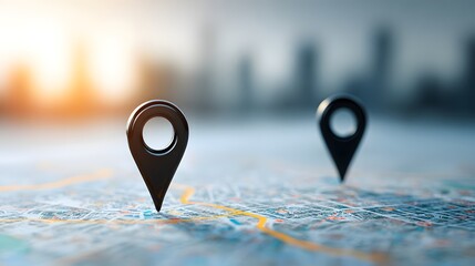 Two map markers on a map with a soft, blurred background.